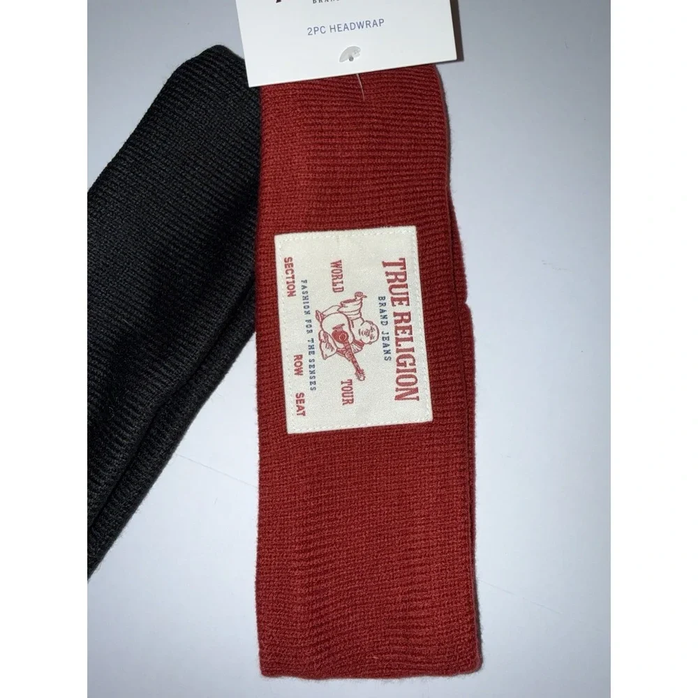 True Religion Unisex Headwrap 2pc Set Black Red Knit Stretch Logo NEW